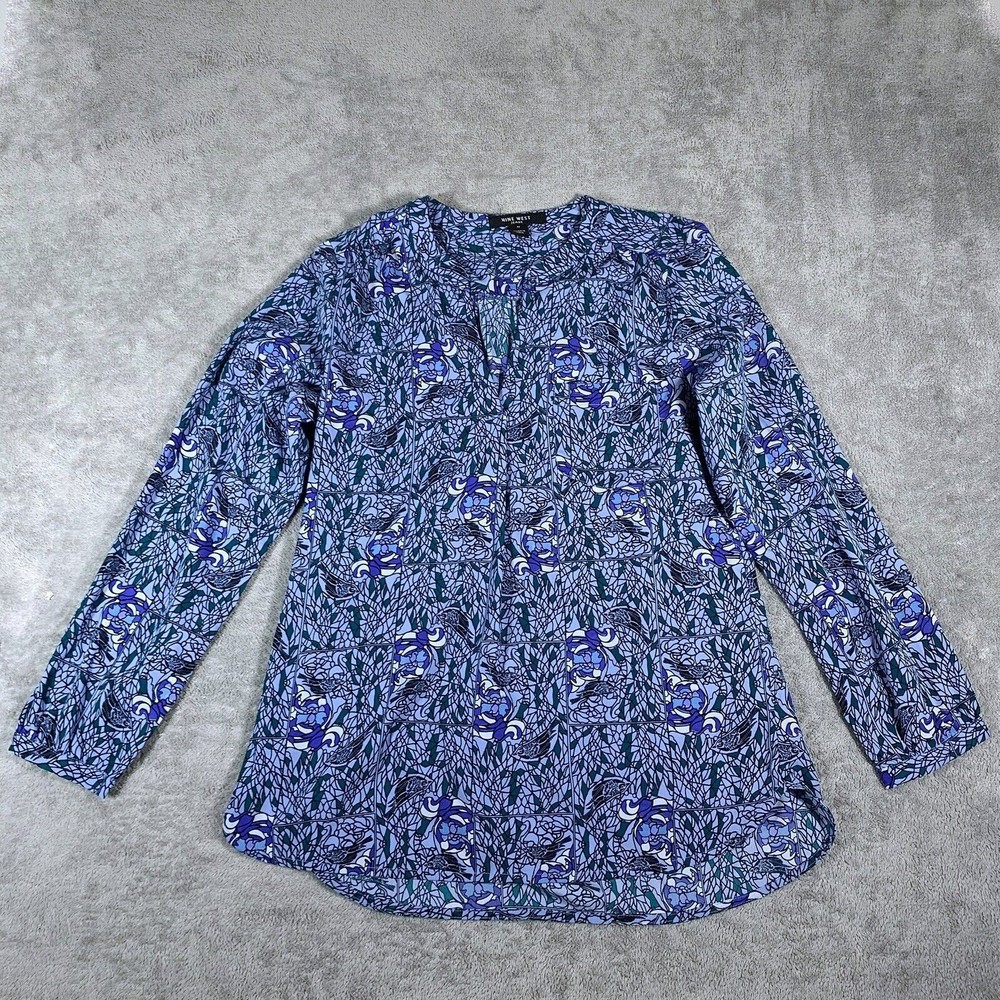 Nine West Birdie Floral Abstract Peasant Blouse Size Medium Womens
